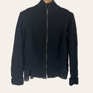 A.L.C Black Wool Ribbed Full Zip Mockneck Silk Sweater Jacket Size M
